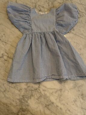 H&M Blue and White Striped Puff-Sleeve Dress